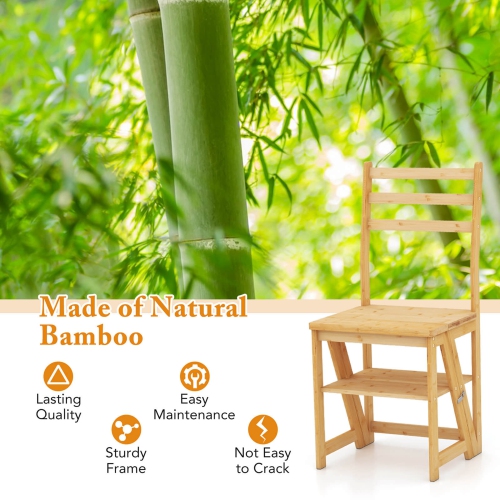 Costway 3-Step Folding Step Ladder Chair with Bamboo Frame Convertible Ladder Stool