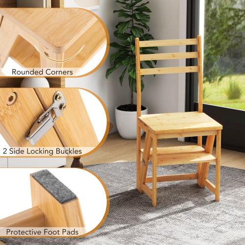 Costway 3-Step Folding Step Ladder Chair with Bamboo Frame Convertible Ladder Stool