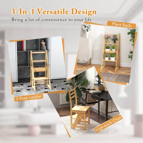 Costway 3-Step Folding Step Ladder Chair with Bamboo Frame Convertible Ladder Stool