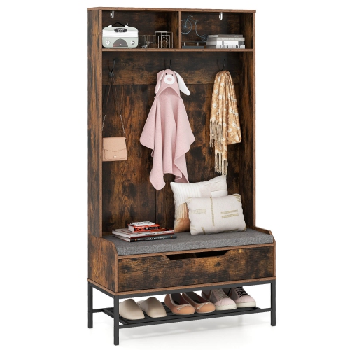 Costway 69" Tall Hall Tree with Seat Cushion Open Compartments Hooks Lift-top Storage