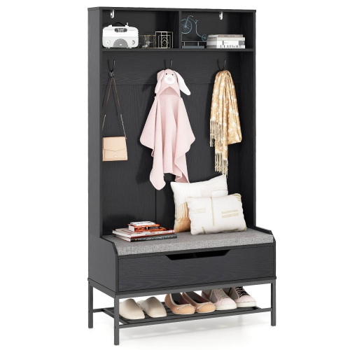 Costway 69" Tall Hall Tree with Seat Cushion Open Compartments Hooks Lift-top Storage