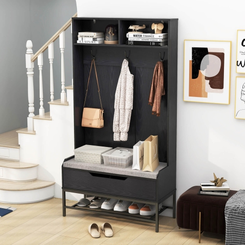 Portemanteau haut de 69 po avec compartiments ouverts avec coussin de siège crochets de rangement à dessus relevable de Costway