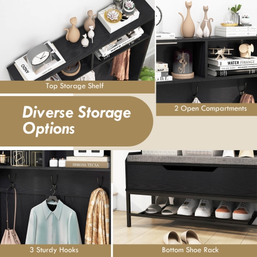 Portemanteau haut de 69 po avec compartiments ouverts avec coussin de siège crochets de rangement à dessus relevable de Costway