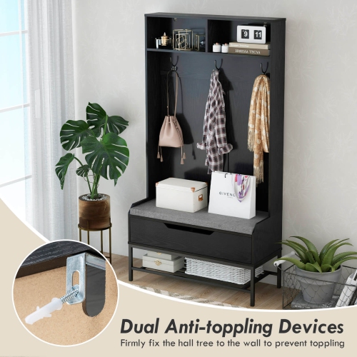 Portemanteau haut de 69 po avec compartiments ouverts avec coussin de siège crochets de rangement à dessus relevable de Costway