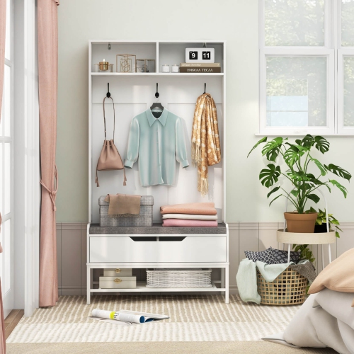 Portemanteau haut de 69 po avec compartiments ouverts avec coussin de siège crochets de rangement à dessus relevable de Costway