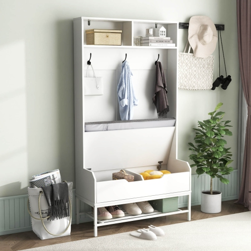 Portemanteau haut de 69 po avec compartiments ouverts avec coussin de siège crochets de rangement à dessus relevable de Costway