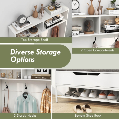 Portemanteau haut de 69 po avec compartiments ouverts avec coussin de siège crochets de rangement à dessus relevable de Costway