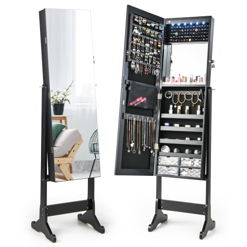 Costway Jewelry Cabinet Armoire Full Length Frameless Mirror Lockable W/ Lights