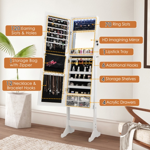 Armoire à bijoux avec armoire à bijoux de Costway pleine longueur, miroir verrouillable avec éclairage