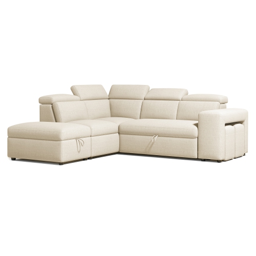 VALENCIA  Finn Fabric Sectional Sofa Bed With Storage Ottoman & 2 Stools Left Hand Storage In Beige