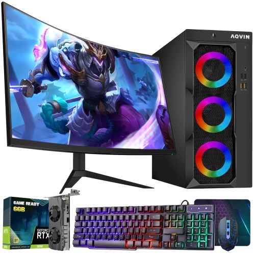 Image 1 de 9.. Remis à neuf - Ordinateur de jeu RVB AQVIN préassemblé avec moniteur incurvé 27&nbsp;po [i7 d'Intel] [RAM 32&nbsp;Go] [SSD d'2&nbsp;To] [Carte