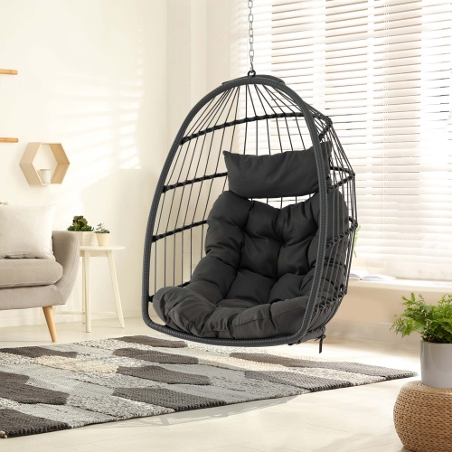 Costway Hanging Egg Chair Wicker Swing Hammock Chair with Head Pillow & Seat Cushion Gray