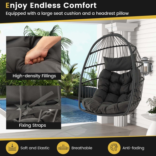 Costway Hanging Egg Chair Wicker Swing Hammock Chair with Head Pillow & Seat Cushion Gray