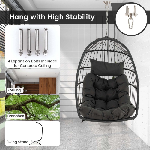 Costway Hanging Egg Chair Wicker Swing Hammock Chair with Head Pillow & Seat Cushion Gray