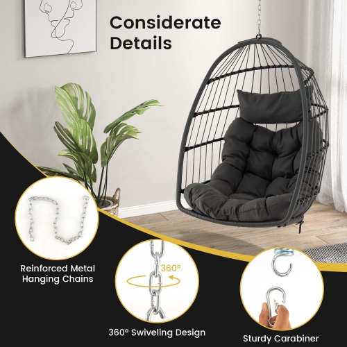 Costway Hanging Egg Chair Wicker Swing Hammock Chair with Head Pillow & Seat Cushion Gray