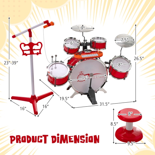 Costway Jazz Drum Set for Toddler Kids Educational Toy w/Keyboard Cymbal Microphone