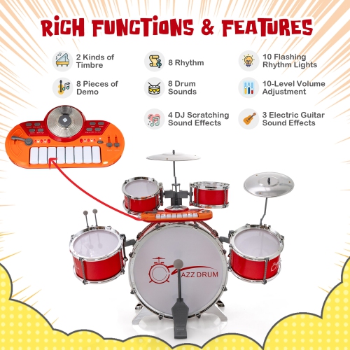 Costway Jazz Drum Set for Toddler Kids Educational Toy w/Keyboard Cymbal Microphone