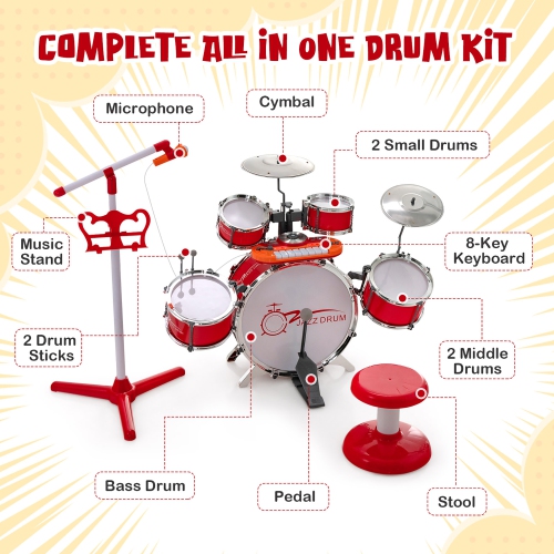 Costway Jazz Drum Set for Toddler Kids Educational Toy w/Keyboard Cymbal Microphone