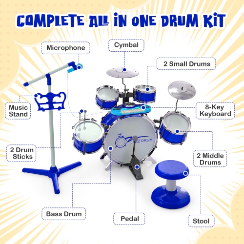 Costway Jazz Drum Set for Toddler Kids Educational Toy w/Keyboard Cymbal Microphone