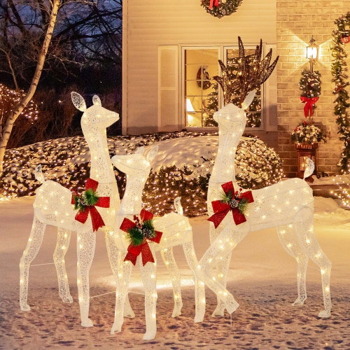 COSTWAY  3 PCs Pre-Lit Christmas Reindeer Family 3D Lighted Glitter Deer Xmas Decoration