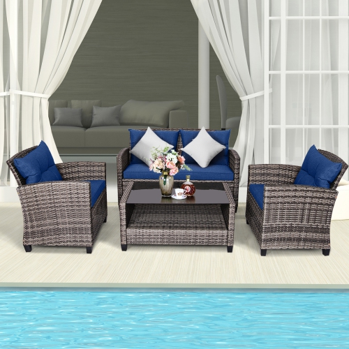 Costway 4 PCS Patio Rattan Furniture Set Coffee Table Cushioned Sofa Garden Lawn Navy