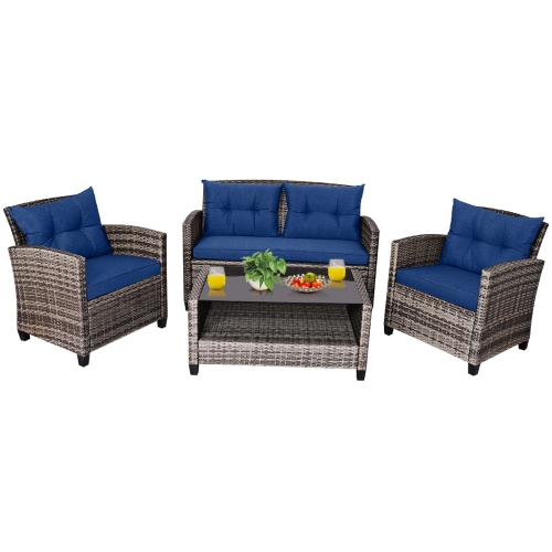 Costway 4 PCS Patio Rattan Furniture Set Coffee Table Cushioned Sofa Garden Lawn Navy