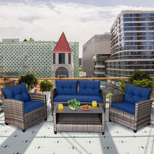 Costway 4 PCS Patio Rattan Furniture Set Coffee Table Cushioned Sofa Garden Lawn Navy