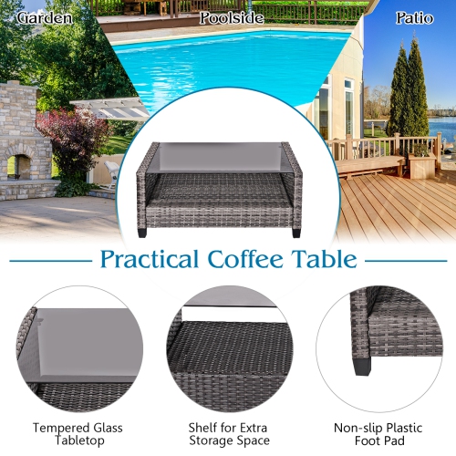 Costway 4 PCS Patio Rattan Furniture Set Coffee Table Cushioned Sofa Garden Lawn Navy