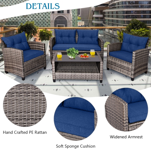 Costway 4 PCS Patio Rattan Furniture Set Coffee Table Cushioned Sofa Garden Lawn Navy
