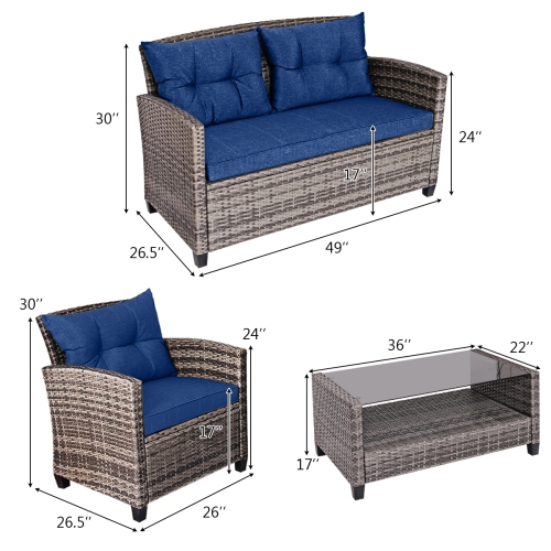 Ensemble de patio de 8 pièces en rotin avec table basse et coussin de sofa de patio bleu marine de Costway