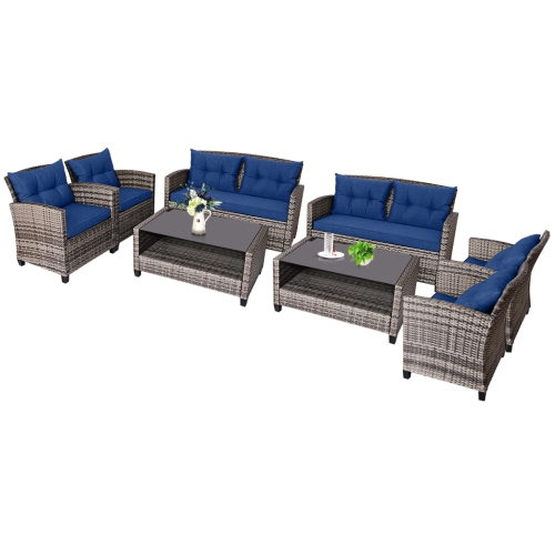 Ensemble de patio de 8 pièces en rotin avec table basse et coussin de sofa de patio bleu marine de Costway
