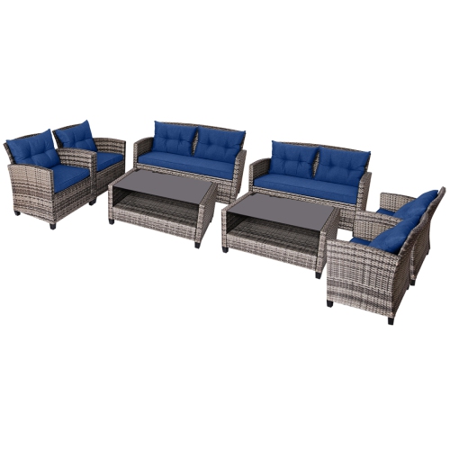 Ensemble de patio de 8 pièces en rotin avec table basse et coussin de sofa de patio bleu marine de Costway