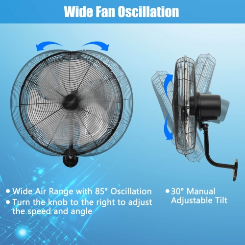 Costway 20 Inch Wall Mount Fan with 3-Speed Options 85° Oscillation 30° Tilt 6 FT Cord