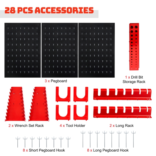 Costway Pegboard Wall Organizer Kit 4 ft.Metal Toolboard W/ 3 Pegboards & 25 Accessories