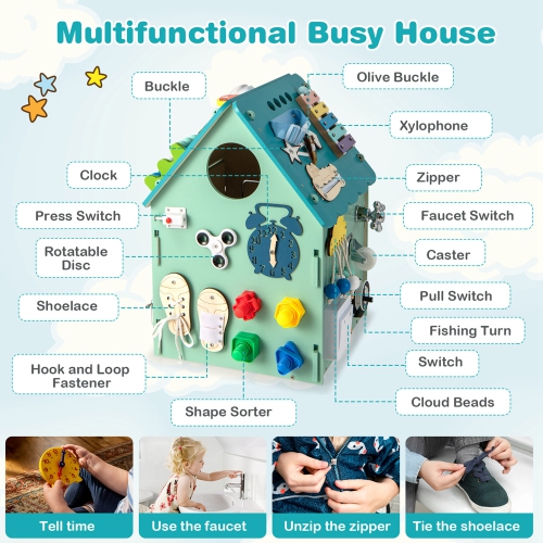 Costway Wooden Busy House Montessori Toy with Sensory Games & Interior Storage Space Blue/Pink