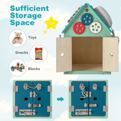 Costway Wooden Busy House Montessori Toy with Sensory Games & Interior Storage Space Blue/Pink