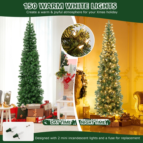 Costway 7ft Pre-lit PVC Artificial Half Christmas Tree w/ 450 Branch Tips & 150 Lights