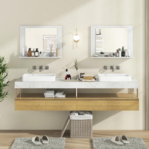 Gymax Bathroom Mirror w/ Shelf 23.5'' x 17.5'' Rectangle Wood Frame Vanity Mirror