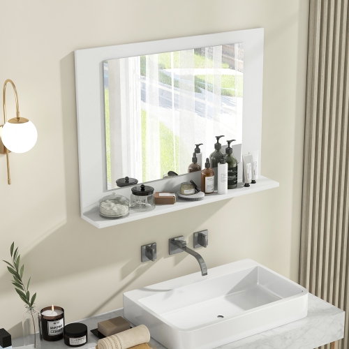 Gymax Bathroom Mirror w/ Shelf 23.5'' x 17.5'' Rectangle Wood Frame Vanity Mirror