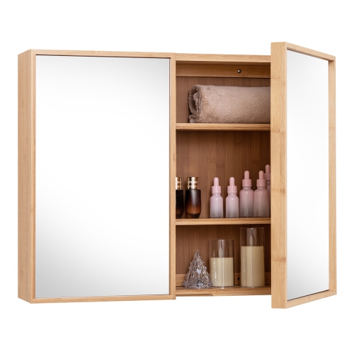 GYMAX  Double Door Medicine Cabinet W/ Mirror 2 Adjustable Cabinet Shelves Natural