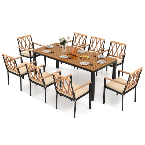 GYMAX  9 PCs Outdoor Dining Table & Chairs Set Table W/ Acacia Wood Top Umbrella Hole
