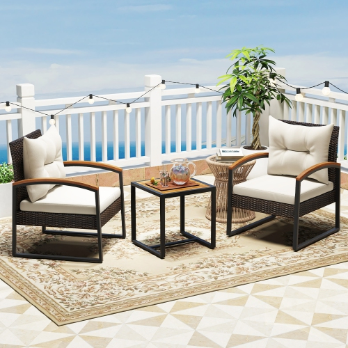 Gymax 3PCS Patio Wicker Furniture Set PE Wicker Furniture Conversation Set w/ Acacia Wood Table