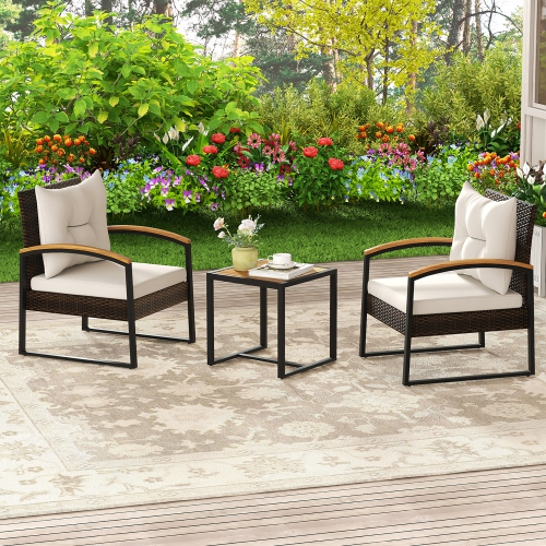 Gymax 3PCS Patio Wicker Furniture Set PE Wicker Furniture Conversation Set w/ Acacia Wood Table
