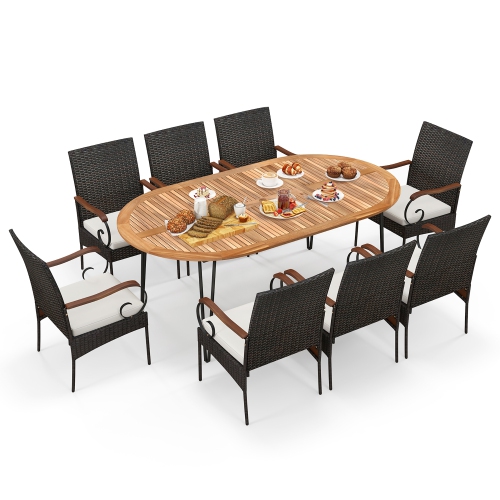 GYMAX  9 PCs Acacia Wood Table & 8 Patio Wicker Armchairs Patio Rattan Dining Set