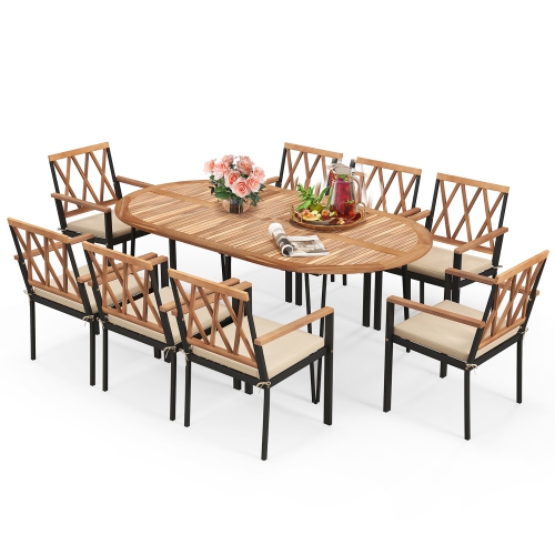 GYMAX  9 PCs Patio Dining Set Table W/ Acacia Wood Top & Umbrella Hole Metal Frame