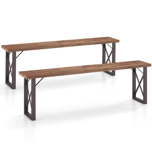 Gymax 59'' Outdoor Acacia Wood Benches Set of 2 for 2-3 Person w/ Metal Support