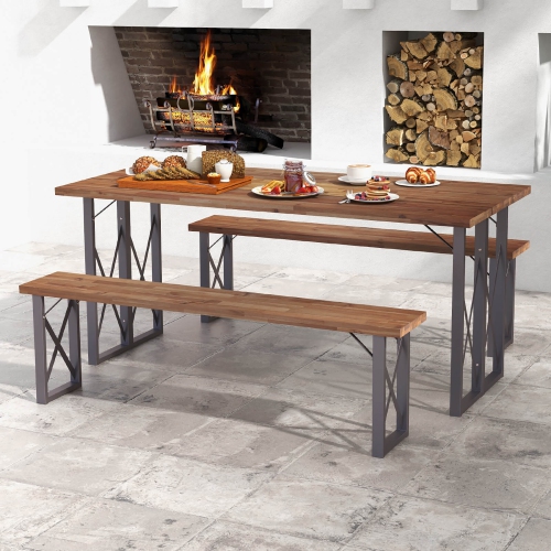 Gymax 59'' Outdoor Acacia Wood Benches Set of 2 for 2-3 Person w/ Metal Support