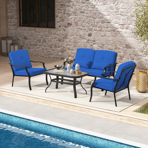 Gymax 2 PCS Patio Metal Chairs Outdoor Dining Seat Heavy Duty w/ Cushions Garden Blue