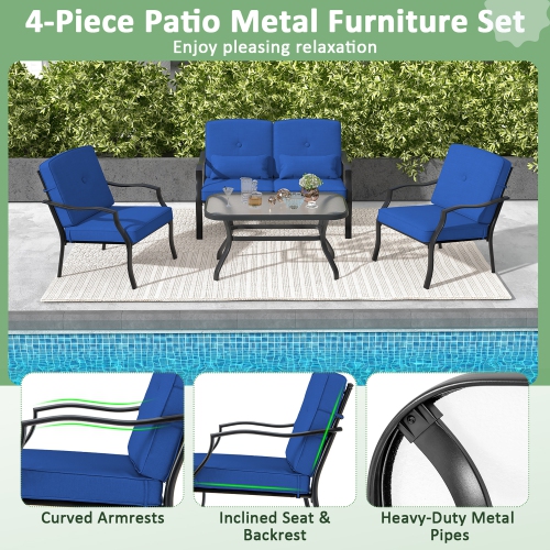 Gymax 2 PCS Patio Metal Chairs Outdoor Dining Seat Heavy Duty w/ Cushions Garden Blue