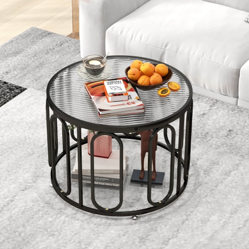 GYMAX  2-Tier 24" Round Coffee Table W/ Oval Swivel Brackets & Reeded Tempered Glass